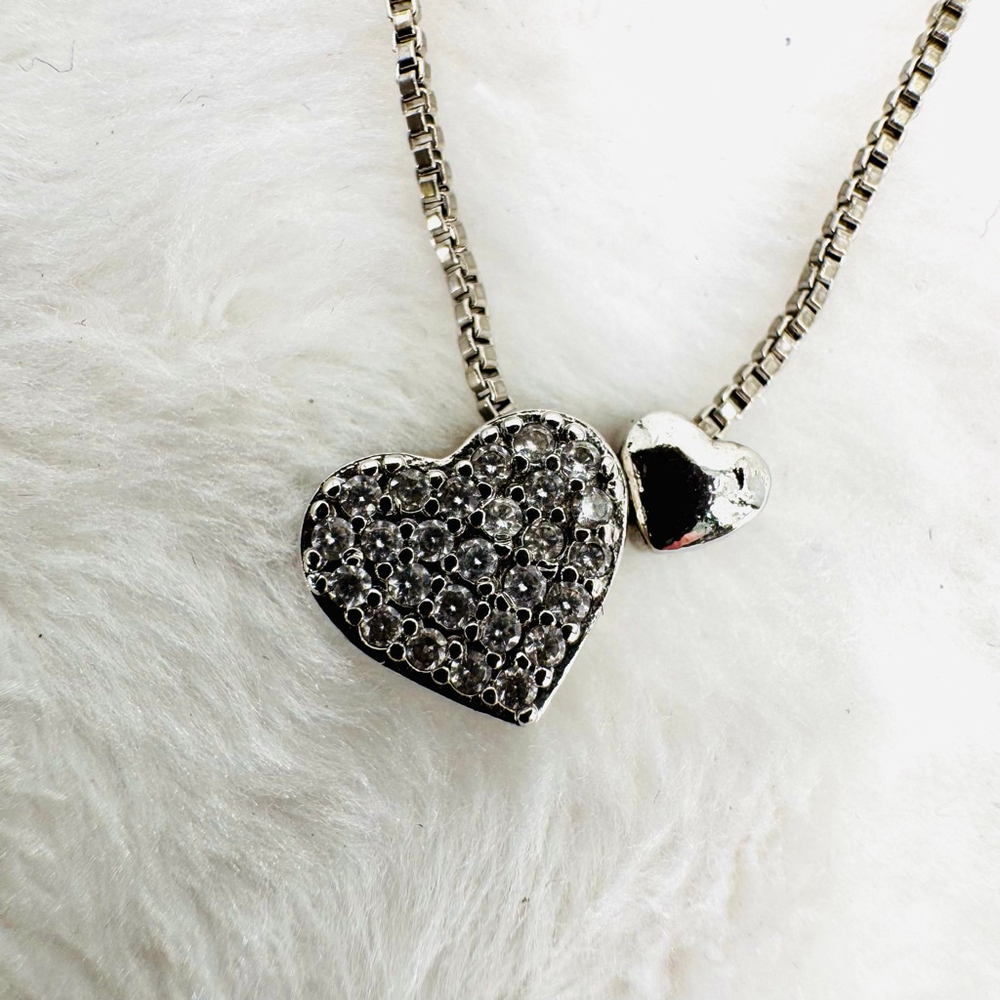 Sterling Silver Crystal Heart Slide Pendant Tiny Heart Stamped 925 16” Box Chain